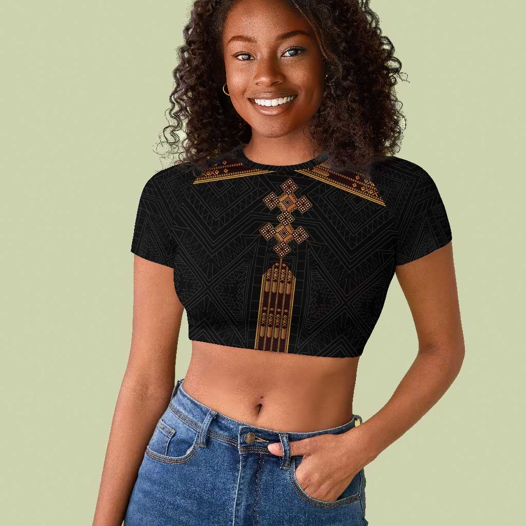 Eritrea Raglan Cropped T shirt Tilet Habesha Style - Black