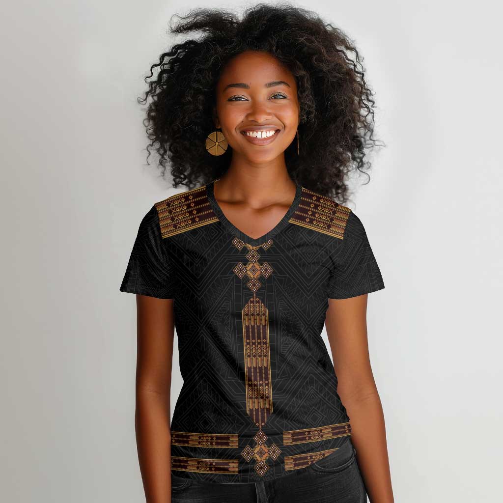 Eritrea Women V-Neck T-Shirt Tilet Habesha Style - Black