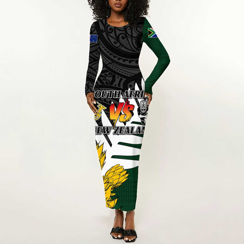 Personalised New Zealand Vs South Africa Rugby Long Sleeve Bodycon Dress Rivals - Tribal Style