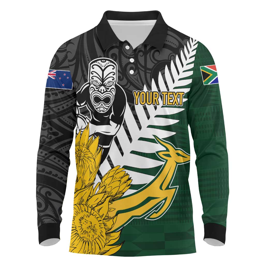 Personalised New Zealand Vs South Africa Rugby Long Sleeve Polo Shirt Rivals - Tribal Style