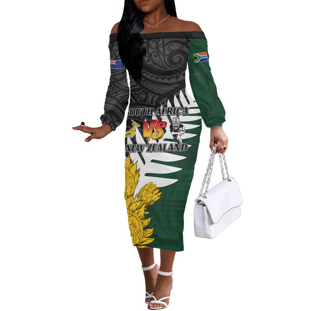 Personalised New Zealand Vs South Africa Rugby Off The Shoulder Long Sleeve Dress Rivals - Tribal Style