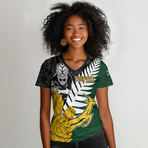 Personalised New Zealand Vs South Africa Rugby Women V-Neck T-Shirt Rivals - Tribal Style