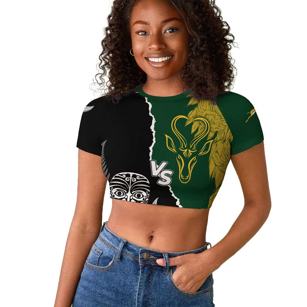 Personalised New Zealand Vs South Africa Rugby Raglan Cropped T shirt Rivals Dynamics