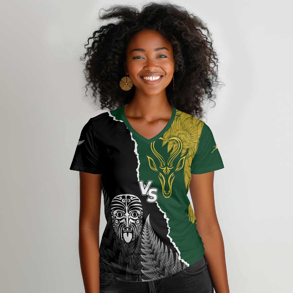 Personalised New Zealand Vs South Africa Rugby Women V-Neck T-Shirt Rivals Dynamics