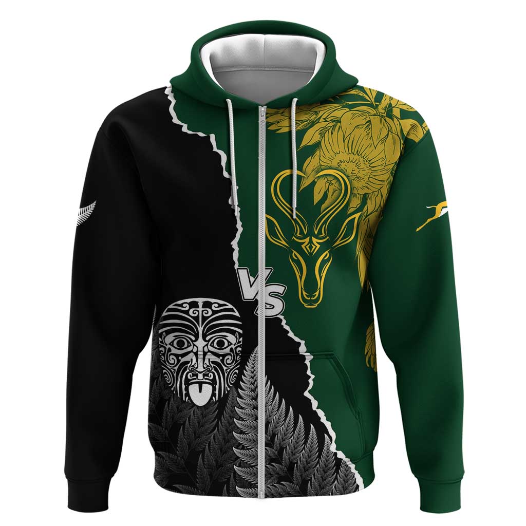 Personalised New Zealand Vs South Africa Rugby Zip Hoodie Rivals Dynamics