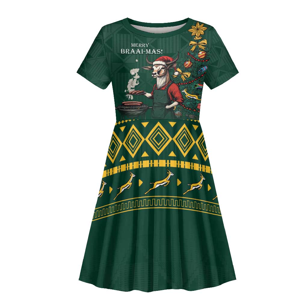 Personalised South Africa Kid Short Sleeve Dress Springbok Christmas Braai