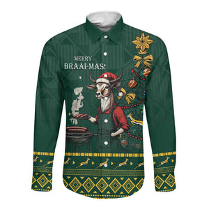 Personalised South Africa Long Sleeve Button Shirt Springbok Christmas Braai