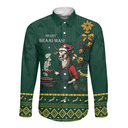 Personalised South Africa Long Sleeve Button Shirt Springbok Christmas Braai