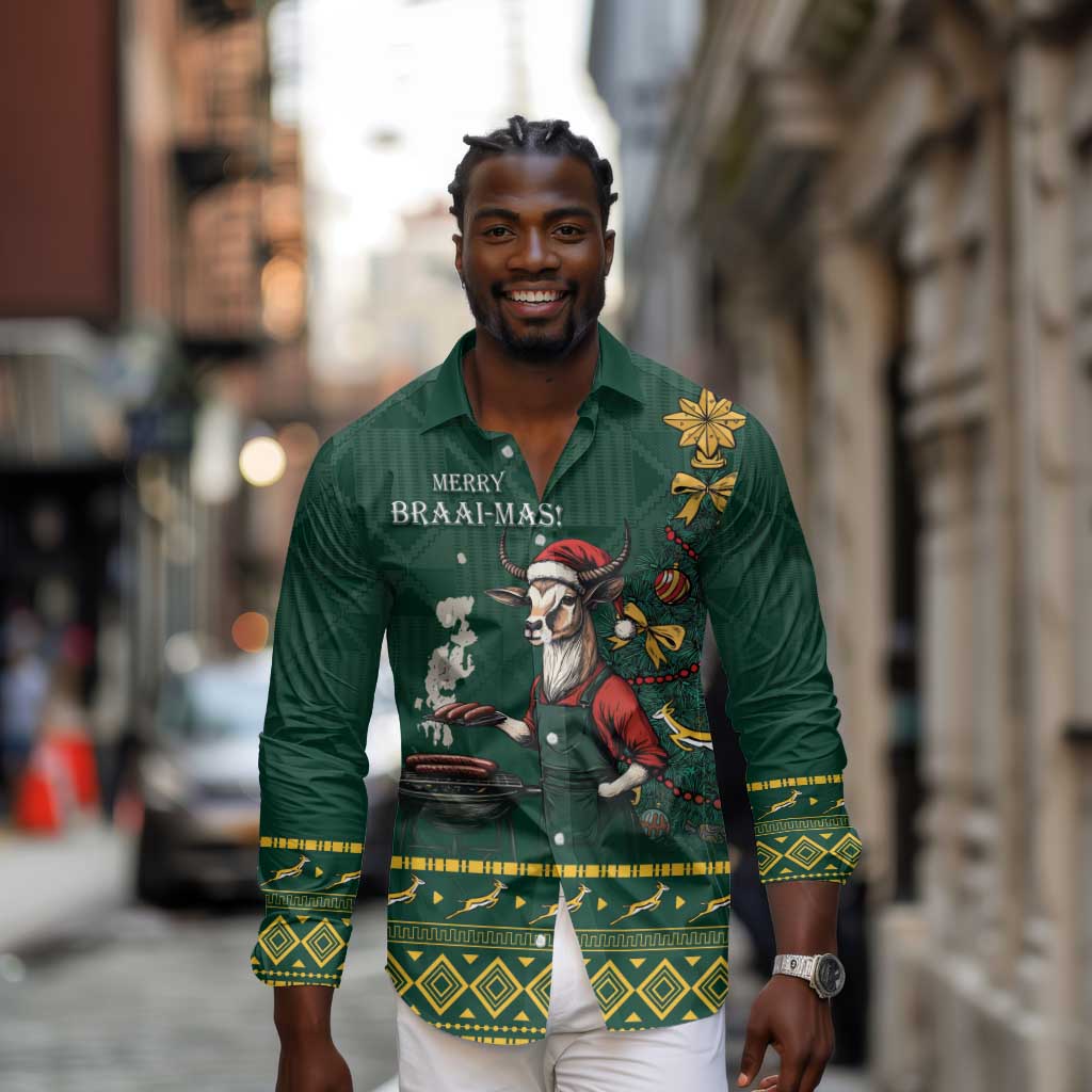Personalised South Africa Long Sleeve Button Shirt Springbok Christmas Braai