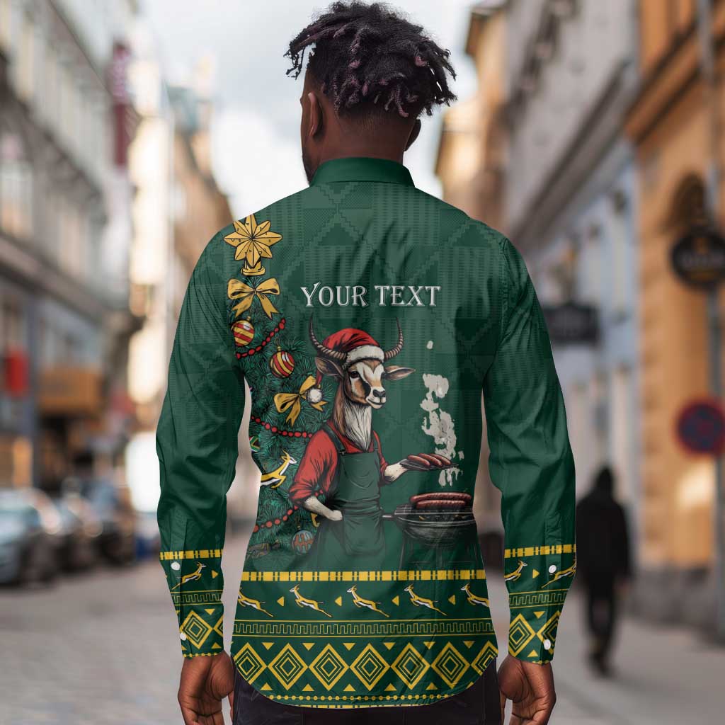 Personalised South Africa Long Sleeve Button Shirt Springbok Christmas Braai