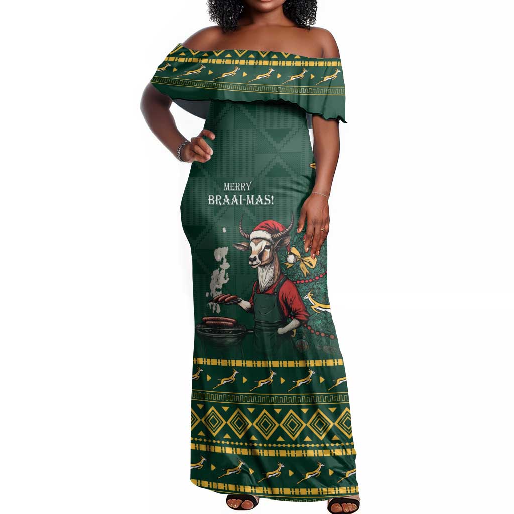 Personalised South Africa Off Shoulder Maxi Dress Springbok Christmas Braai