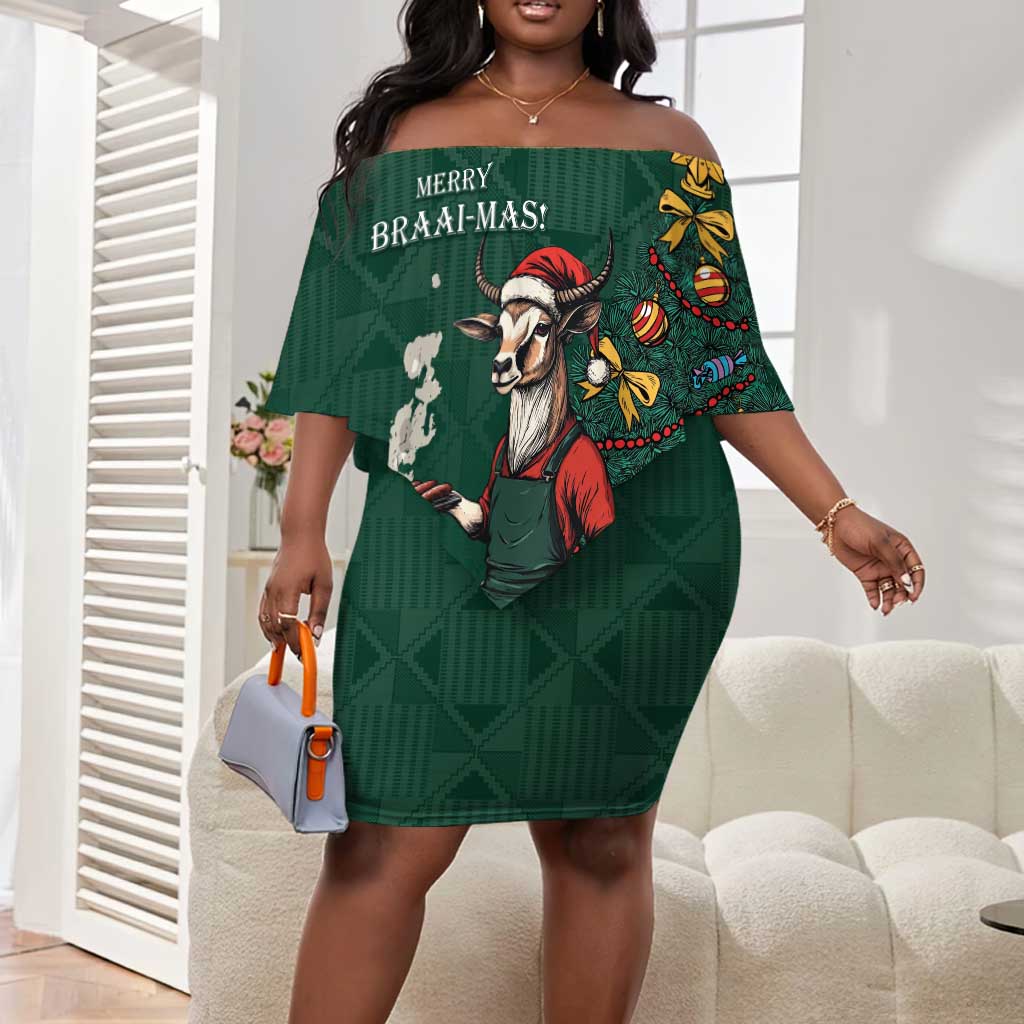 Personalised South Africa Off Shoulder Short Dress Springbok Christmas Braai