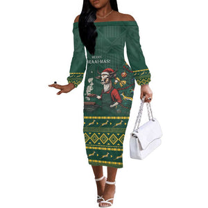 Personalised South Africa Off The Shoulder Long Sleeve Dress Springbok Christmas Braai