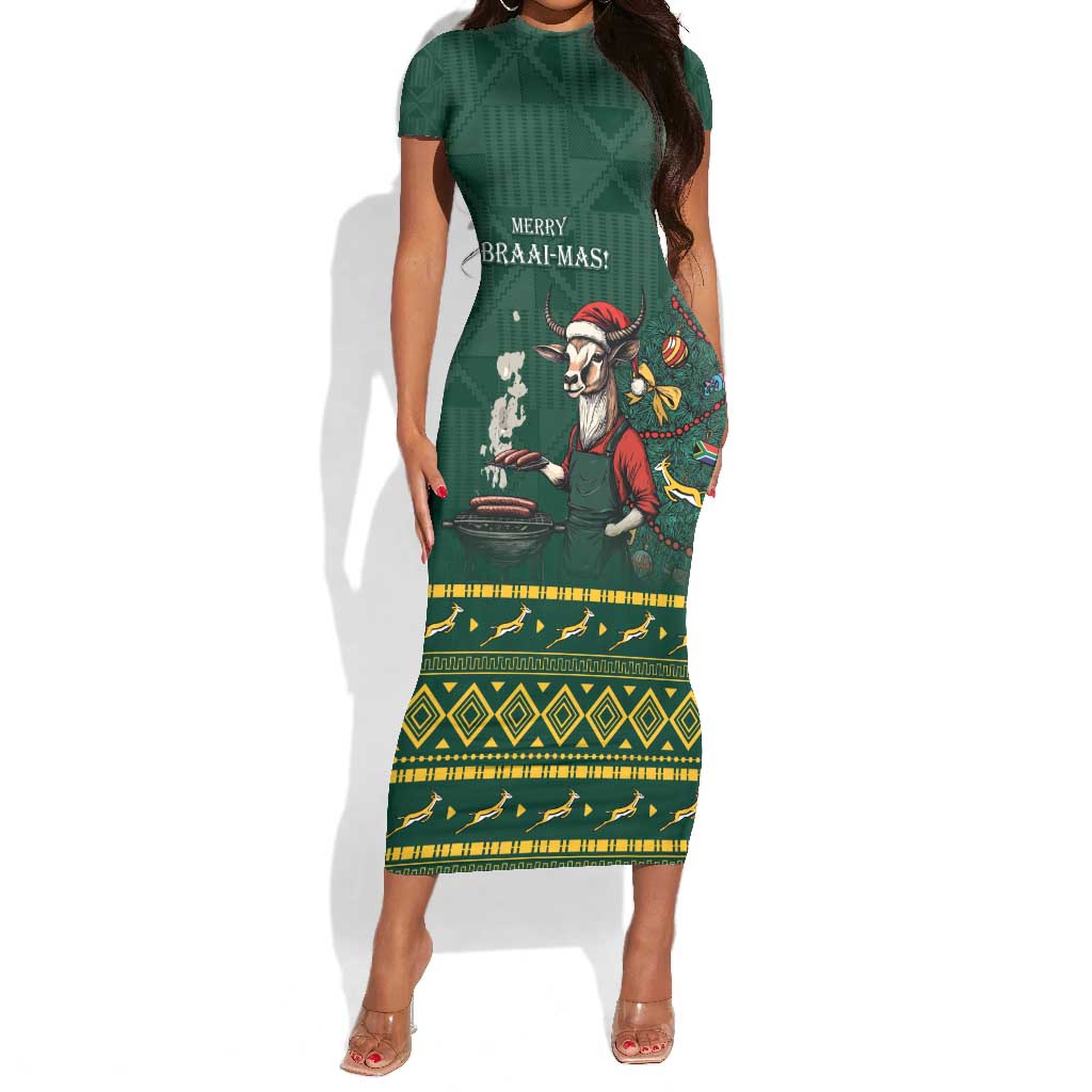 Personalised South Africa Short Sleeve Bodycon Dress Springbok Christmas Braai