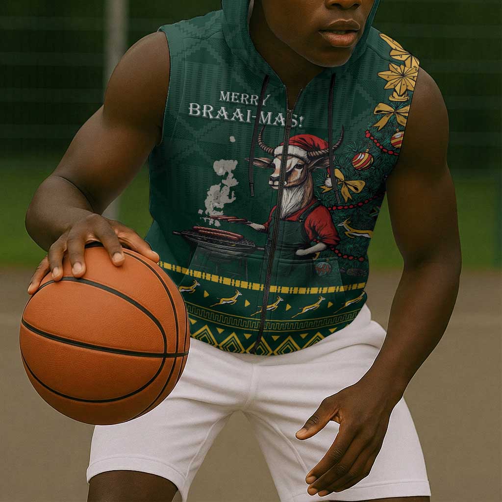 Personalised South Africa Sleeveless Zip Hoodie Springbok Christmas Braai - African Pride