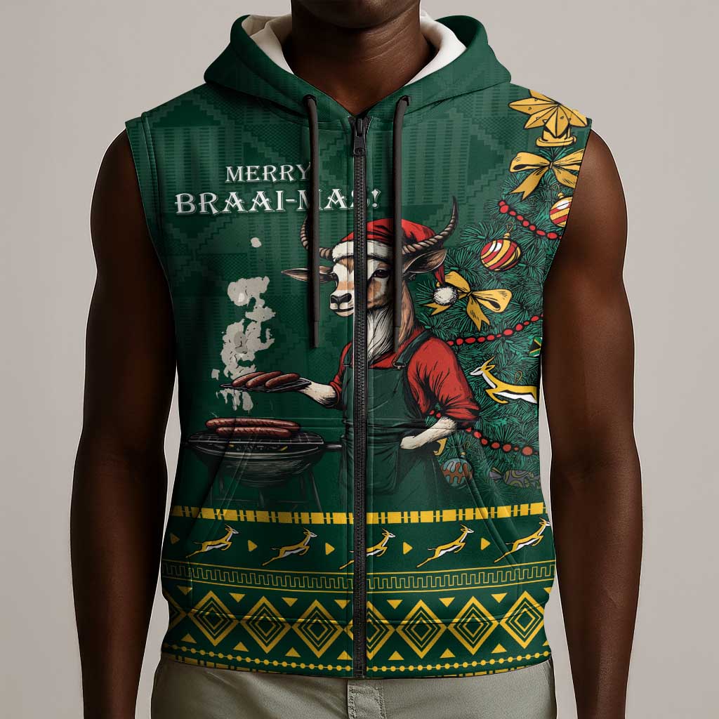 Personalised South Africa Sleeveless Zip Hoodie Springbok Christmas Braai - African Pride