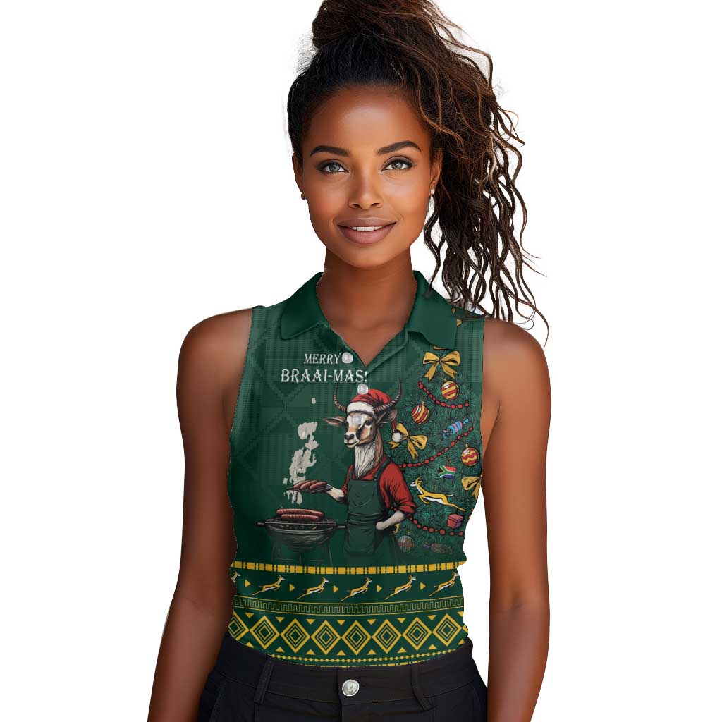 Personalised South Africa Women Sleeveless Polo Shirt Springbok Christmas Braai