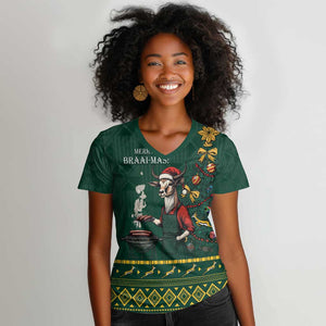 Personalised South Africa Women V-Neck T-Shirt Springbok Christmas Braai