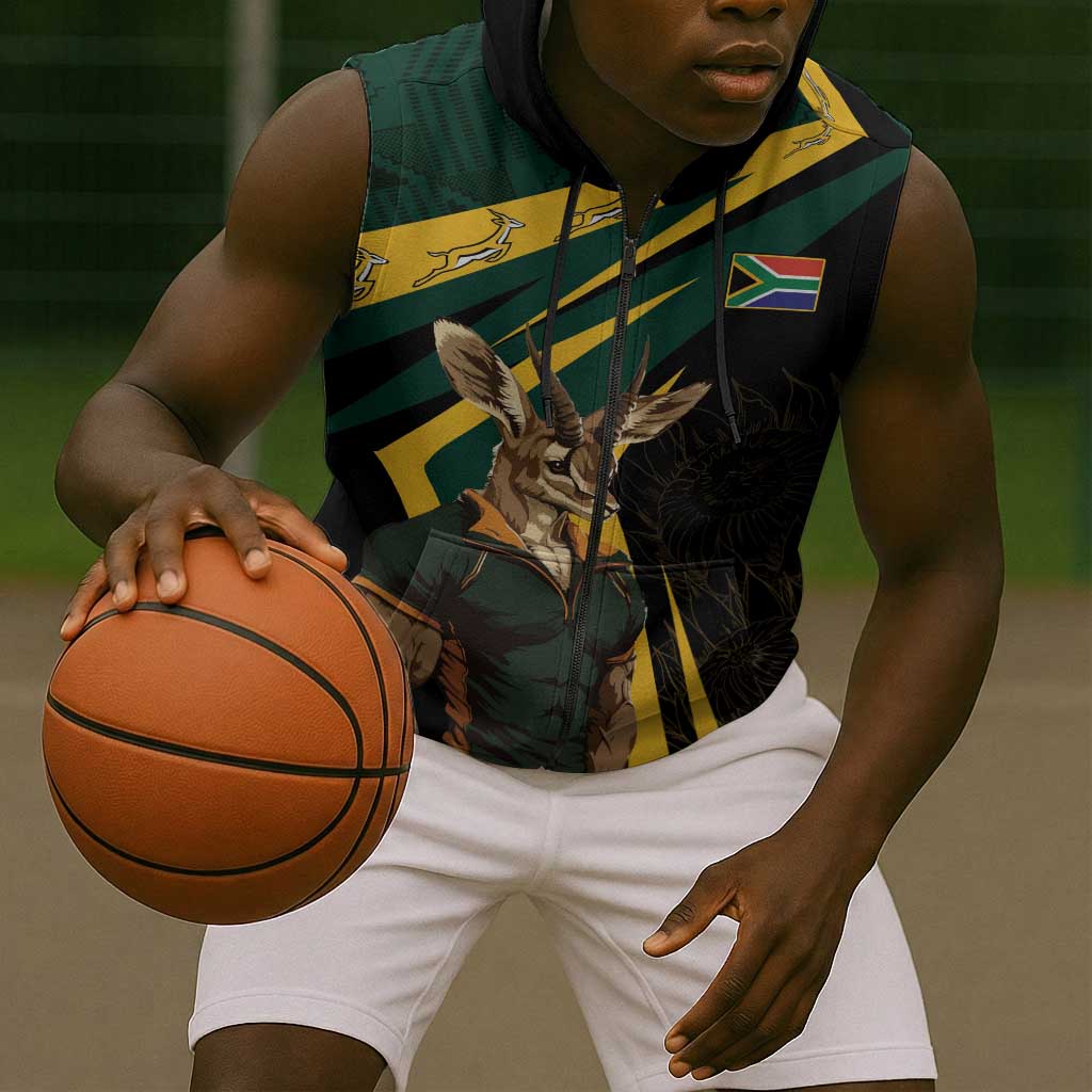 South Africa Bokke Personalised Sleeveless Zip Hoodie Mascot Dynamic - African Pride