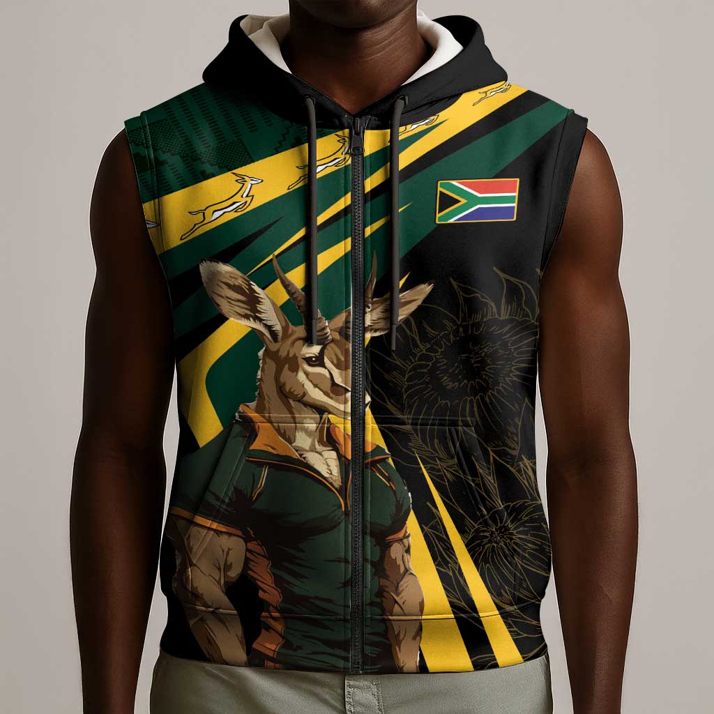 South Africa Bokke Personalised Sleeveless Zip Hoodie Mascot Dynamic - African Pride