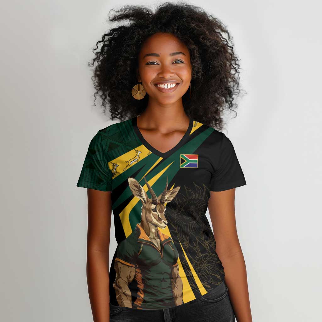 South Africa Bokke Personalised Women V-Neck T-Shirt Mascot Dynamic