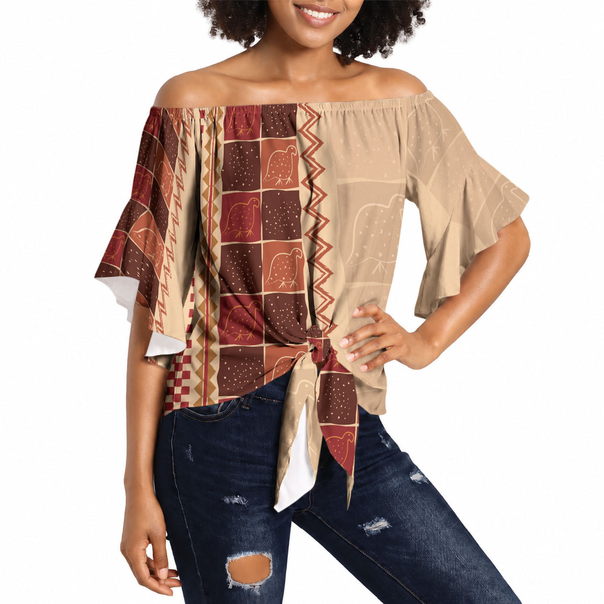Zimbabwe Heritage Kudhinda Inspired Print Off Shoulder Wrap Waist Top
