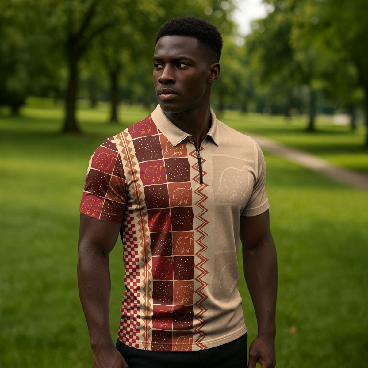 Zimbabwe Heritage Kudhinda Inspired Print Zipper Polo Shirt