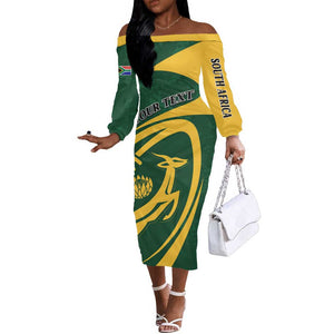 Personalised South Africa Rugby Off The Shoulder Long Sleeve Dress Bokke Champions Sporty Dynamics