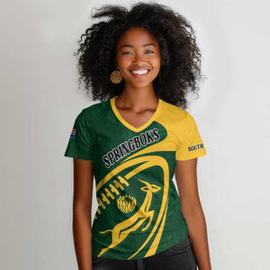 Personalised South Africa Rugby Women V-Neck T-Shirt Bokke Champions Sporty Dynamics