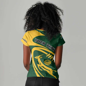 Personalised South Africa Rugby Women V-Neck T-Shirt Bokke Champions Sporty Dynamics