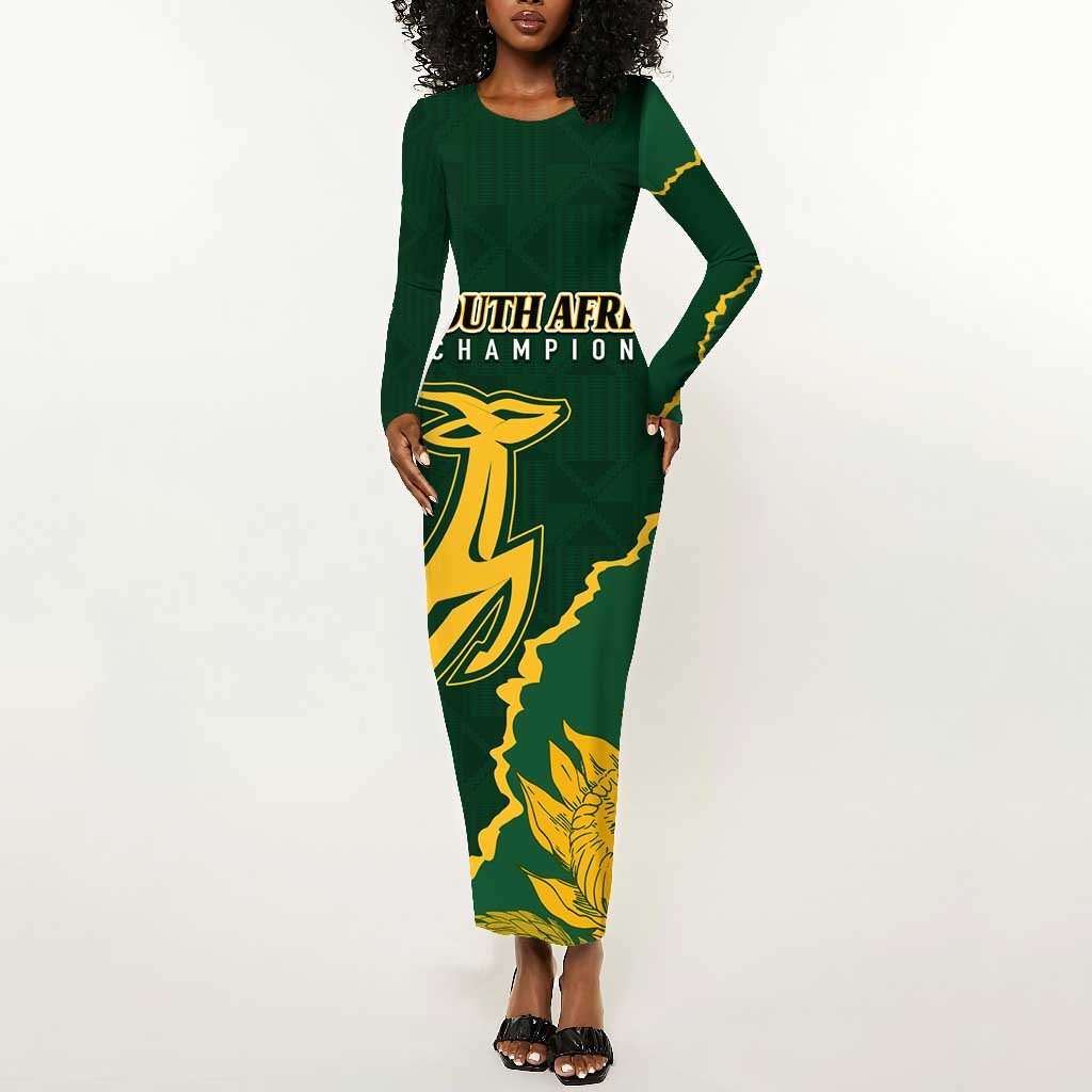 Personalised South Africa Rugby 2023 Long Sleeve Bodycon Dress Bokke Champions Kente Ethnic