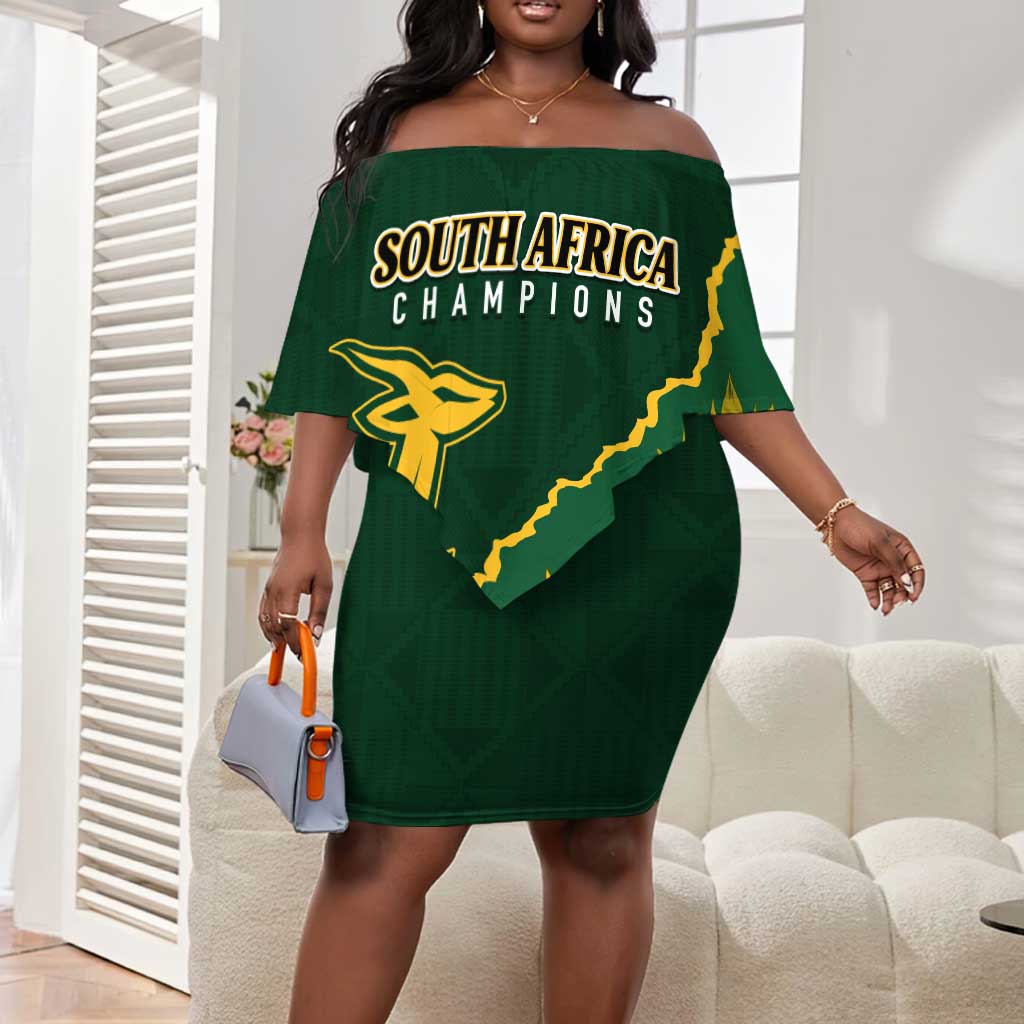 Personalised South Africa Rugby 2023 Off Shoulder Short Dress Bokke Champions Kente Ethnic LT7