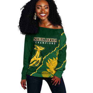 Personalised South Africa Rugby 2023 Off Shoulder Sweater Bokke Champions Kente Ethnic