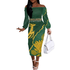 Personalised South Africa Rugby 2023 Off The Shoulder Long Sleeve Dress Bokke Champions Kente Ethnic