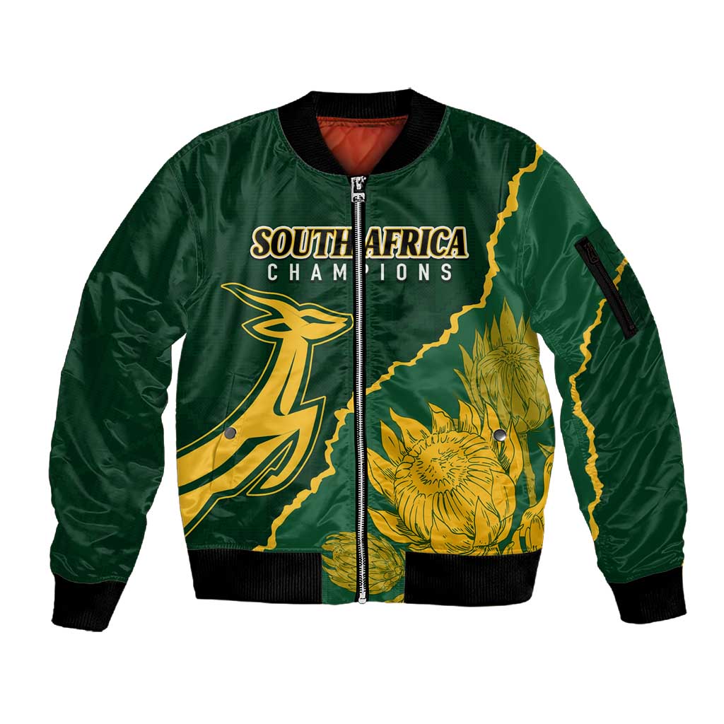 Personalised South Africa Rugby 2023 Sleeve Zip Bomber Jacket Bokke Champions Kente Ethnic