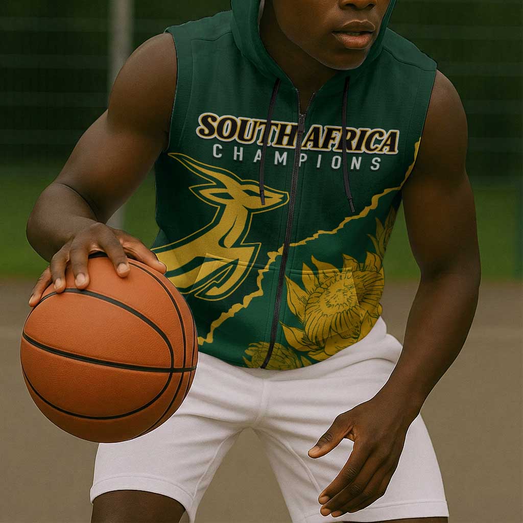 Personalised South Africa Rugby 2023 Sleeveless Zip Hoodie Bokke Champions Kente Ethnic - African Pride