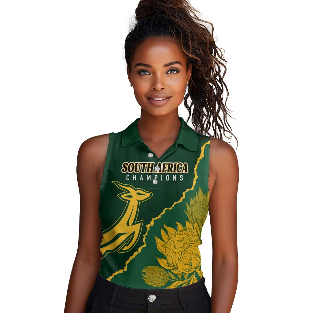 Personalised South Africa Rugby 2023 Women Sleeveless Polo Shirt Bokke Champions Kente Ethnic