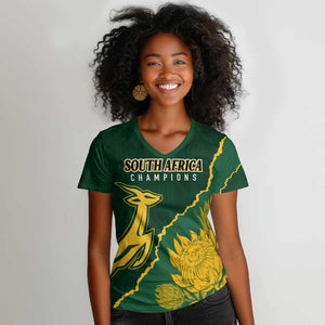 Personalised South Africa Rugby 2023 Women V-Neck T-Shirt Bokke Champions Kente Ethnic