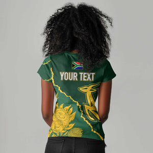 Personalised South Africa Rugby 2023 Women V-Neck T-Shirt Bokke Champions Kente Ethnic