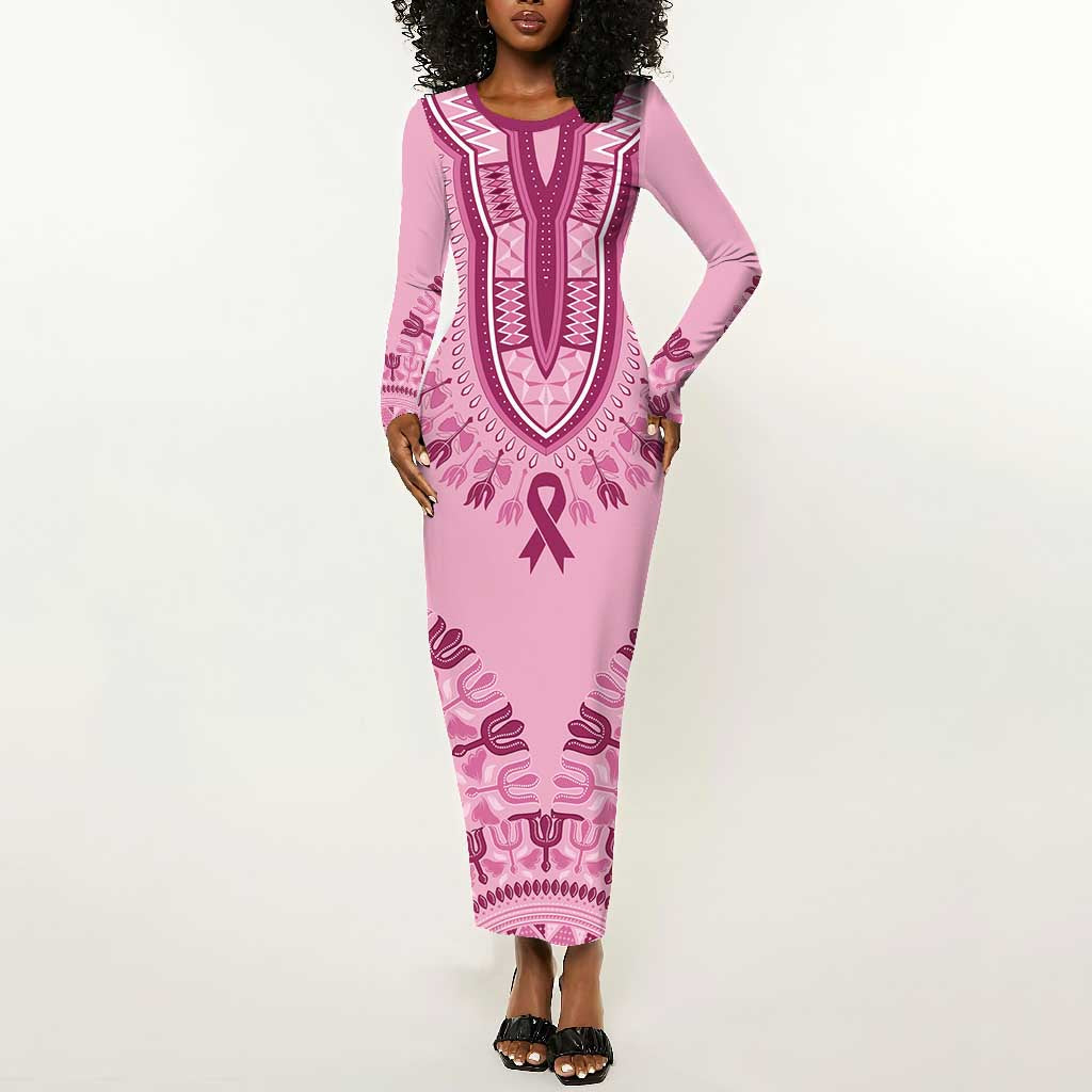 Afro Breast Cancer Awareness Dashiki Long Sleeve Bodycon Dress Glamorous Pink - African Pride