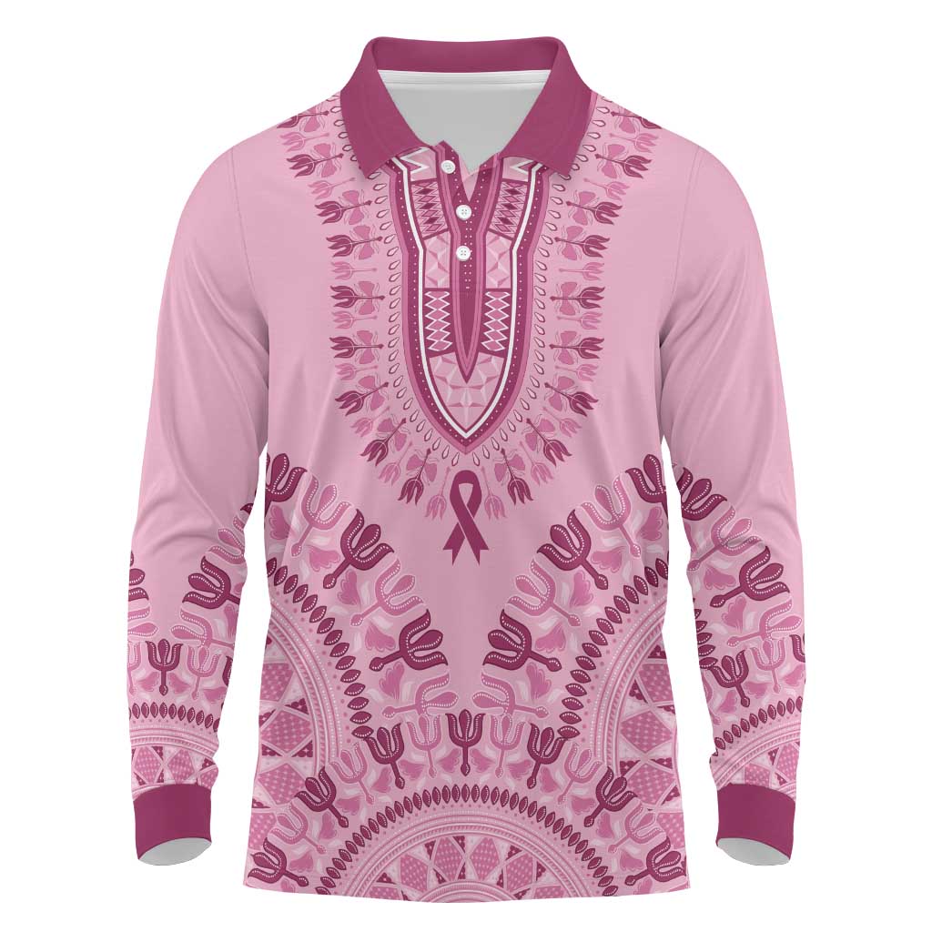 Afro Breast Cancer Awareness Dashiki Long Sleeve Polo Shirt Glamorous Pink - African Pride