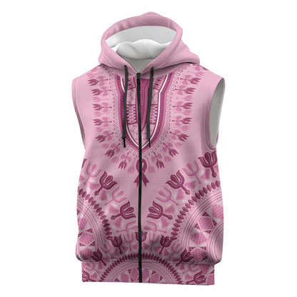 Afro Breast Cancer Awareness Dashiki Sleeveless Zip Hoodie Glamorous Pink - African Pride