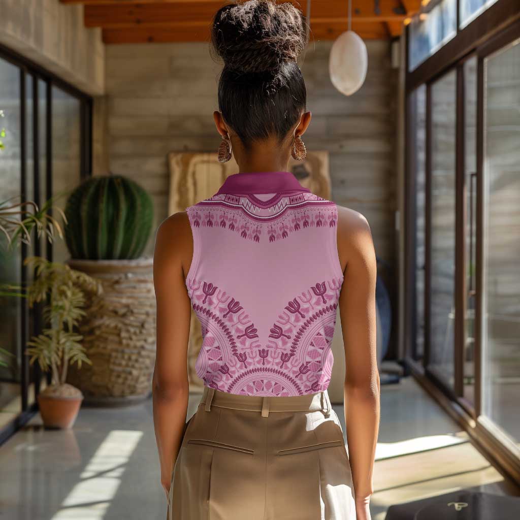 Afro Breast Cancer Awareness Dashiki Women Sleeveless Polo Shirt Glamorous Pink - African Pride