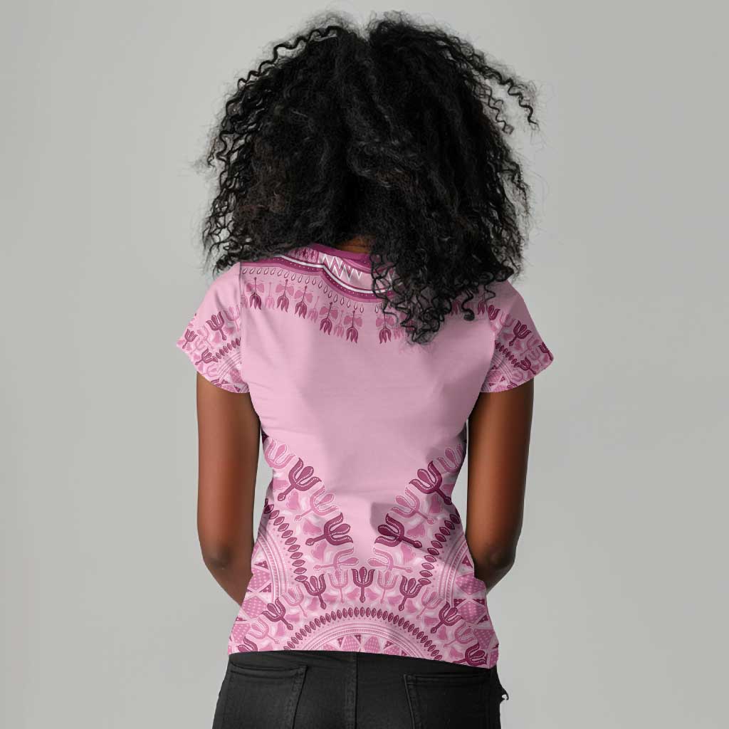 Afro Breast Cancer Awareness Dashiki Women V-Neck T-Shirt Glamorous Pink - African Pride