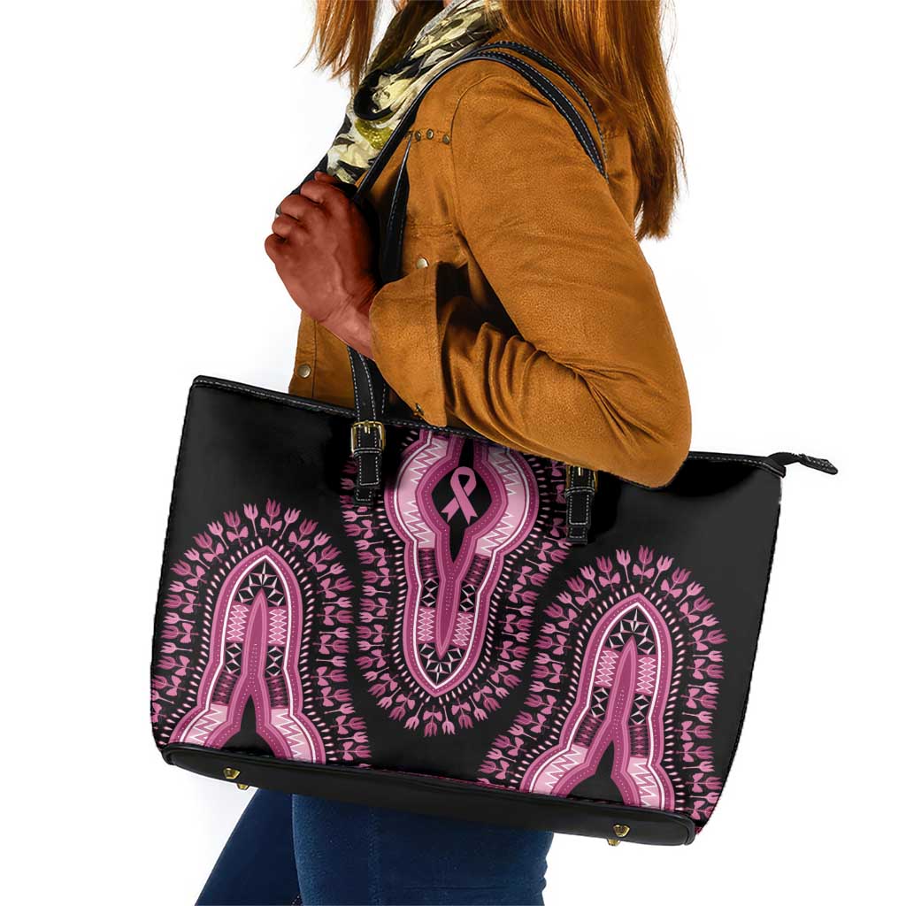 Breast Cancer Awareness Pink Ribbon Afro Leather Tote Bag Dashiki Style - African Pride