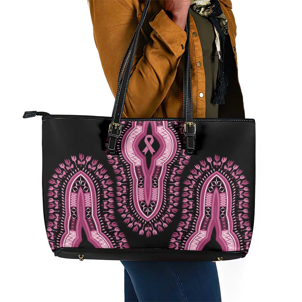 Breast Cancer Awareness Pink Ribbon Afro Leather Tote Bag Dashiki Style - African Pride
