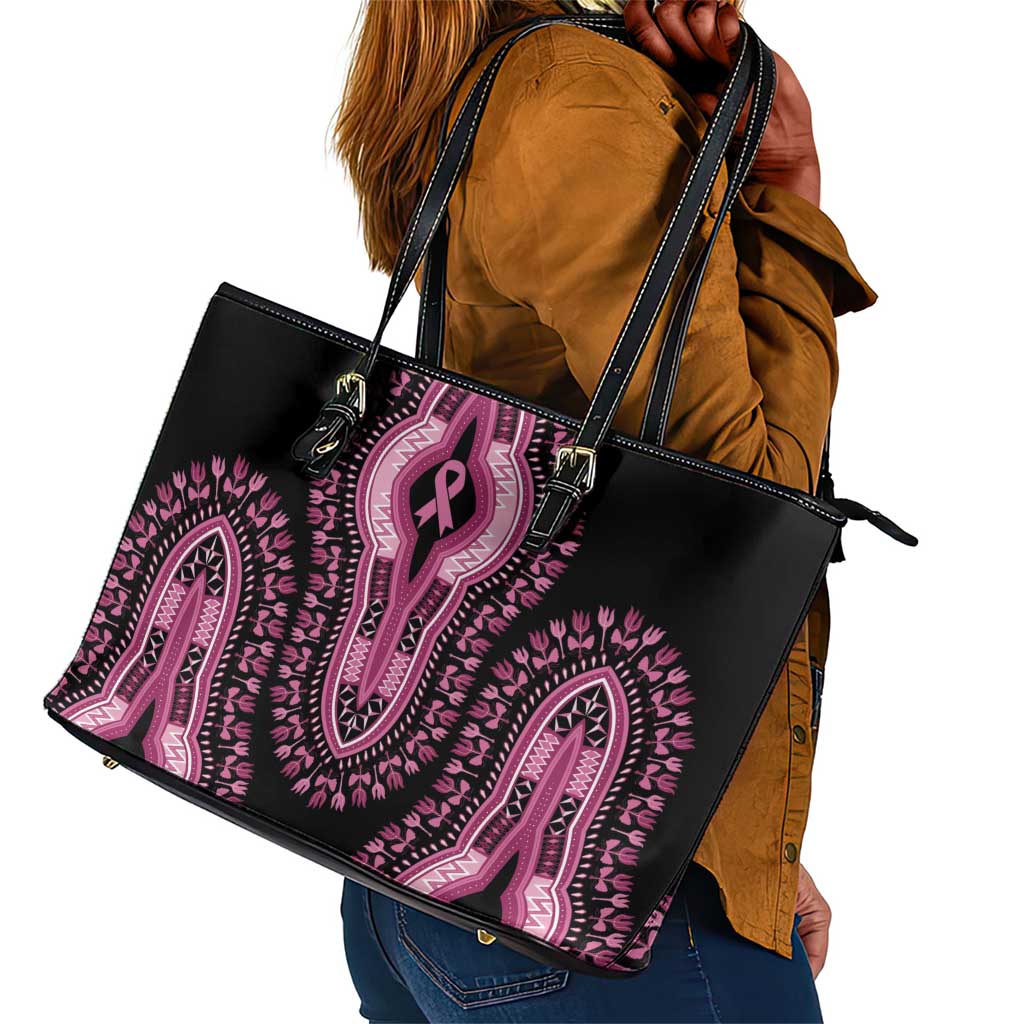 Breast Cancer Awareness Pink Ribbon Afro Leather Tote Bag Dashiki Style - African Pride