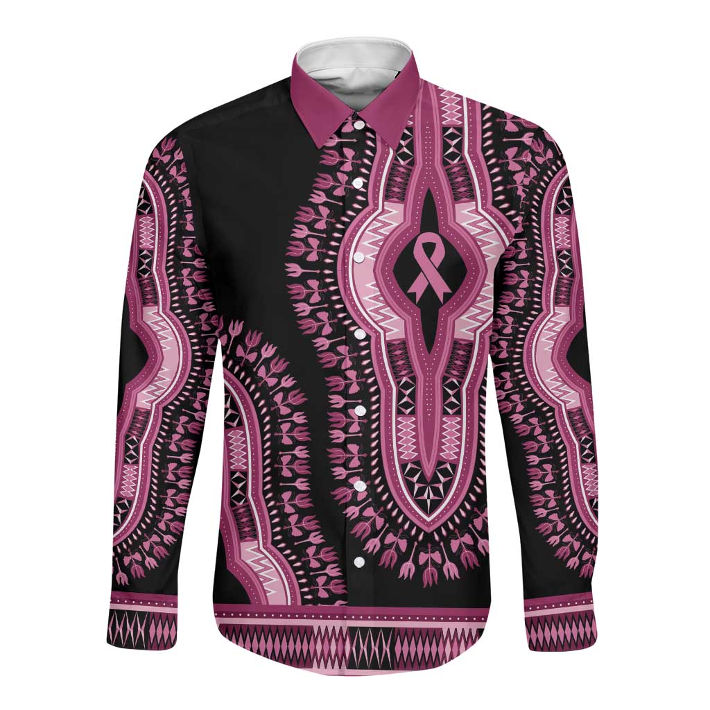 Breast Cancer Awareness Pink Ribbon Afro Long Sleeve Button Shirt Dashiki Style - African Pride