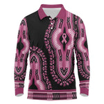 Breast Cancer Awareness Pink Ribbon Afro Long Sleeve Polo Shirt Dashiki Style - African Pride
