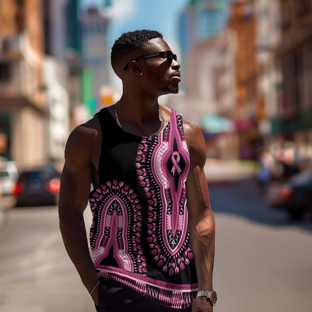 Breast Cancer Awareness Pink Ribbon Afro Men Tank Top Dashiki Style - African Pride